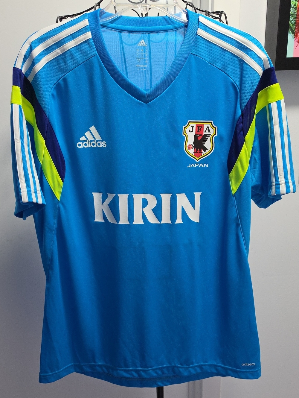 adidas Japan Blue Football Jersey with White and Neon Yellow Accents